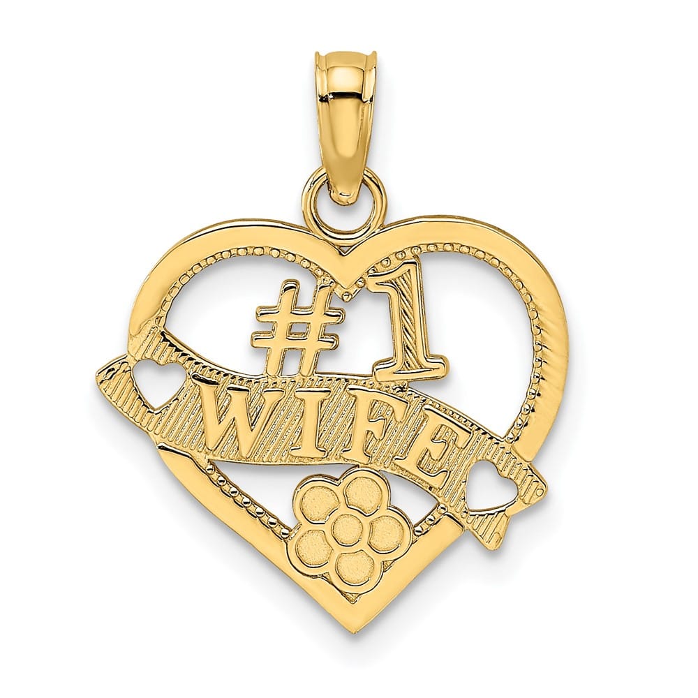 10K Yellow Gold Solid Polished Medium #1 Wife Heart Pendant