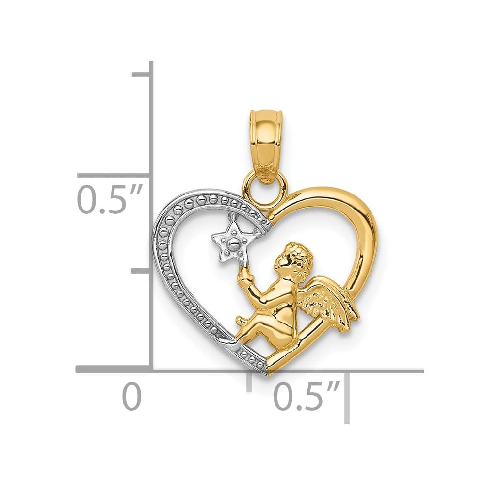 10K Yellow Gold Solid Polished Medium Angel in Heart with Star Pendant