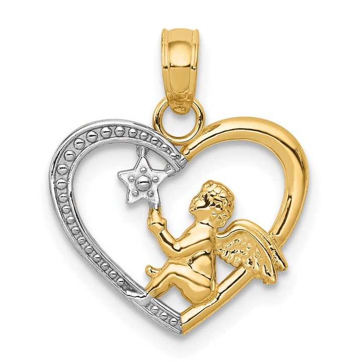 10K Yellow Gold Solid Polished Medium Angel in Heart with Star Pendant