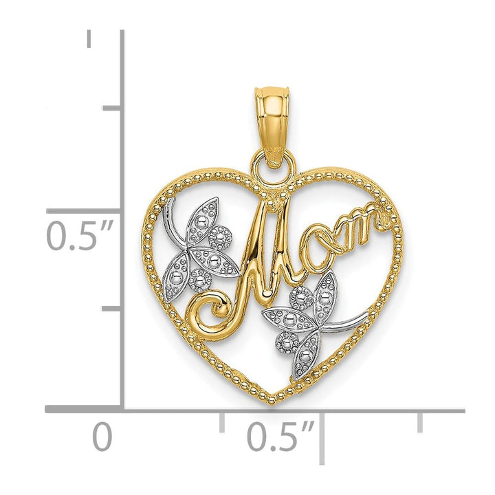 10K Yellow Gold Solid Polished Medium Beaded Frame MOM in Heart Charm