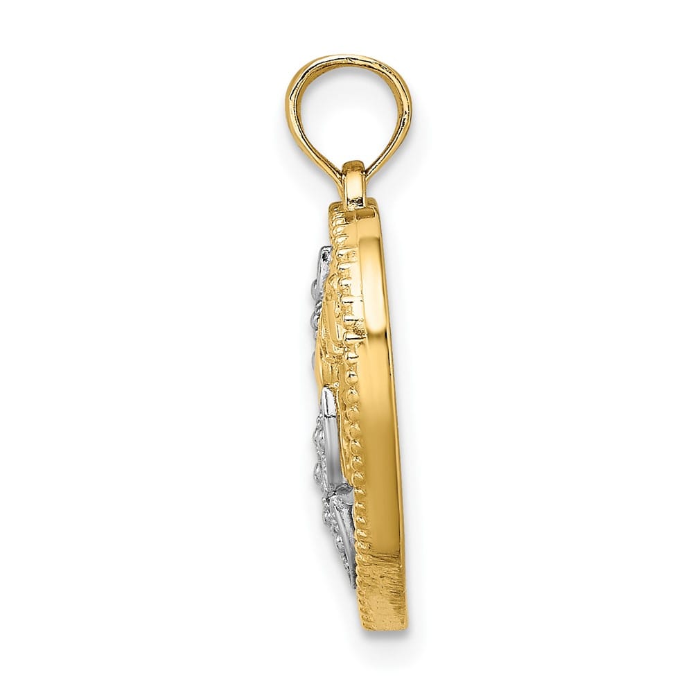 10K Yellow Gold Solid Polished Medium Beaded Frame MOM in Heart Charm