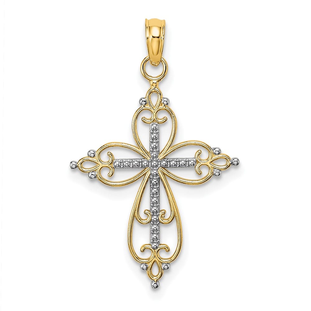 10K Yellow Gold Solid Polished Medium Beaded Passion Cross Charm
