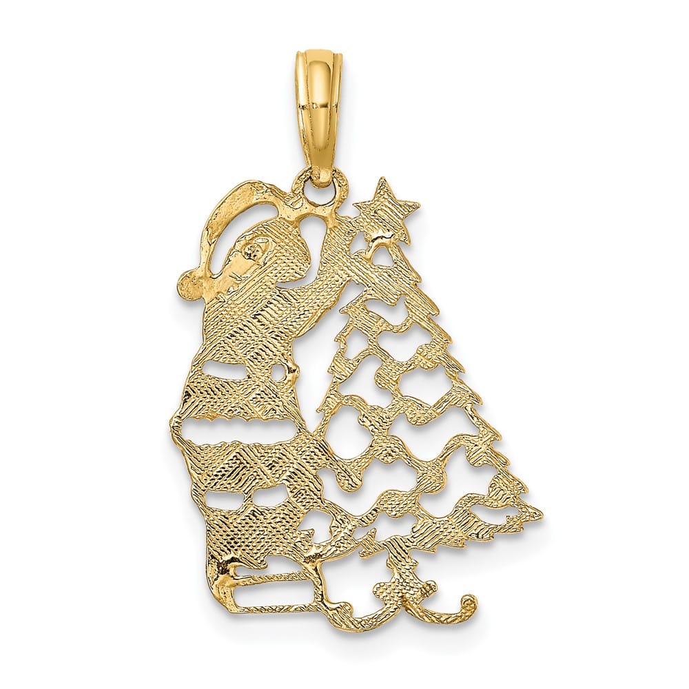 10K Yellow Gold Solid Polished Medium Christmas Tree and Santa Pendant
