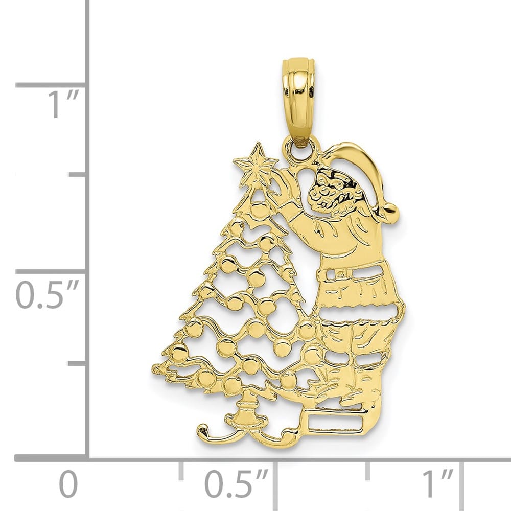 10K Yellow Gold Solid Polished Medium Christmas Tree and Santa Pendant