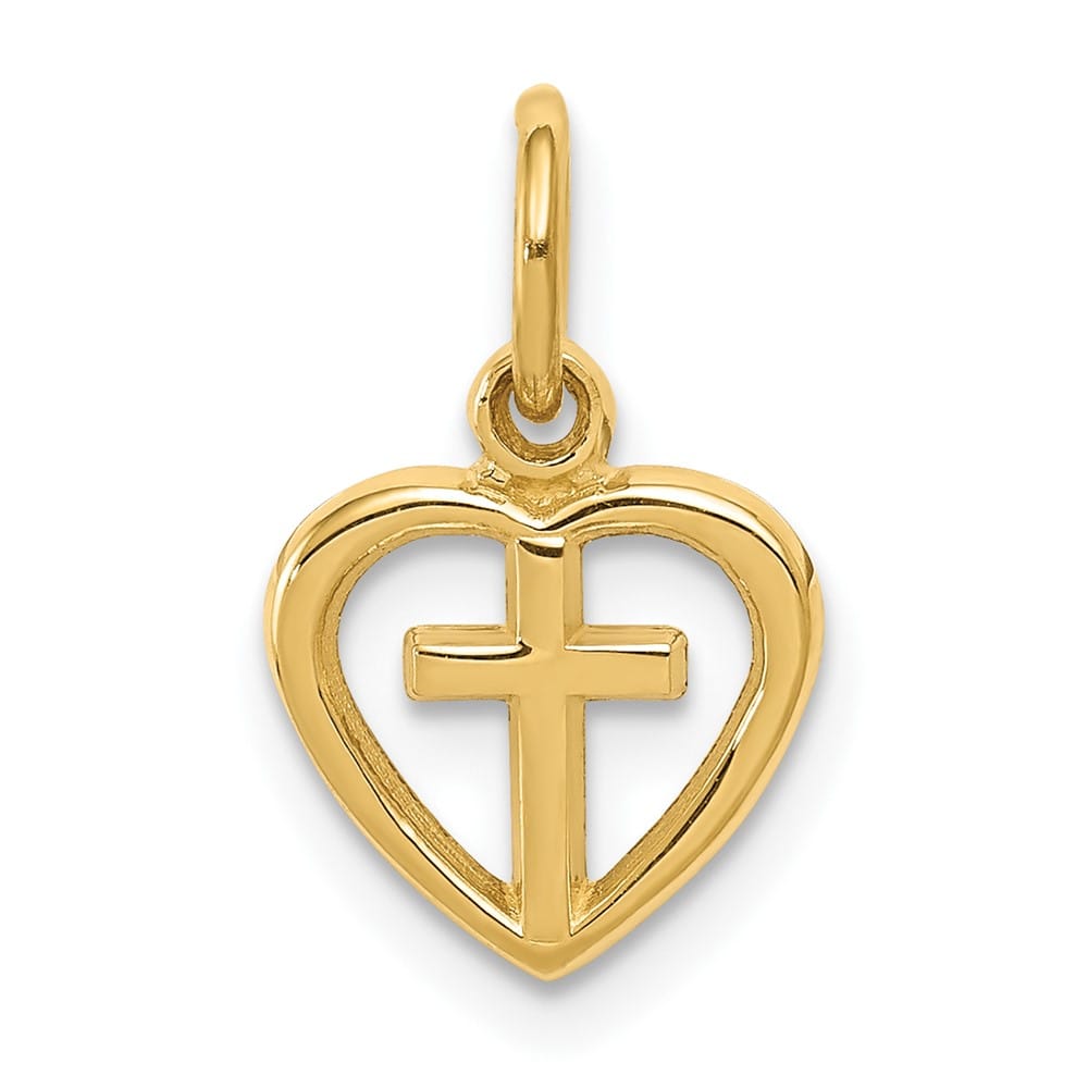 10K Yellow Gold Solid Polished Medium Cross in Heart Charm