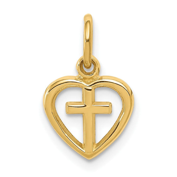 10K Yellow Gold Solid Polished Medium Cross in Heart Charm