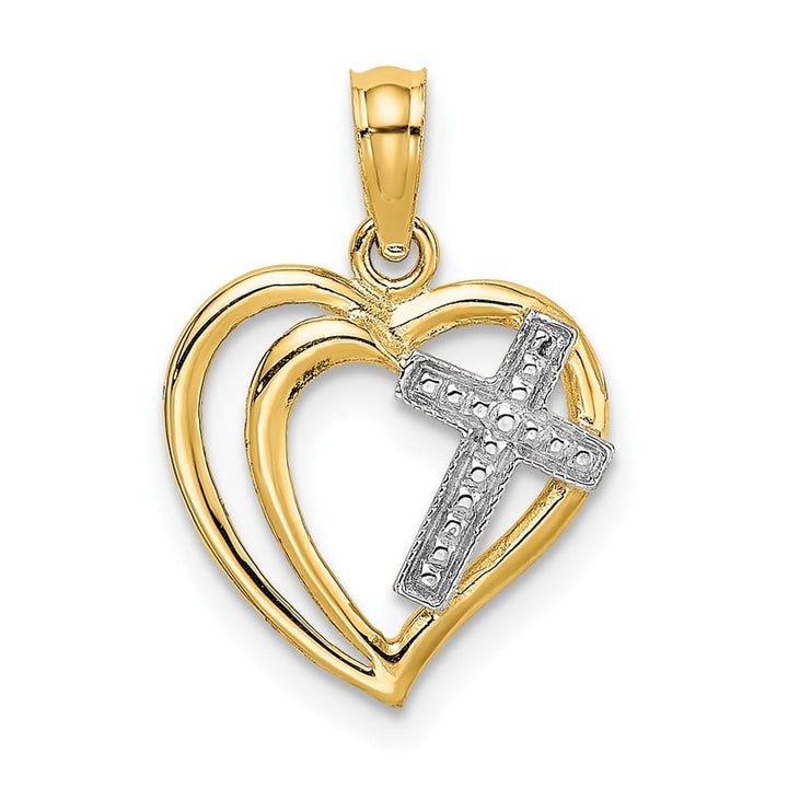 10K Yellow Gold Solid Polished Medium Cross in Heart Charm