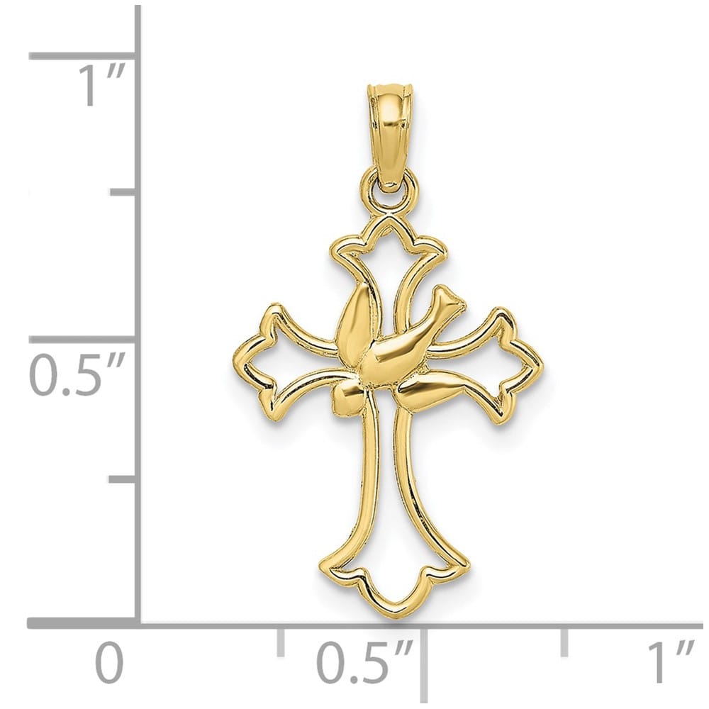 10K Yellow Gold Solid Polished Medium Cut-Out Dove Center Cross Charm