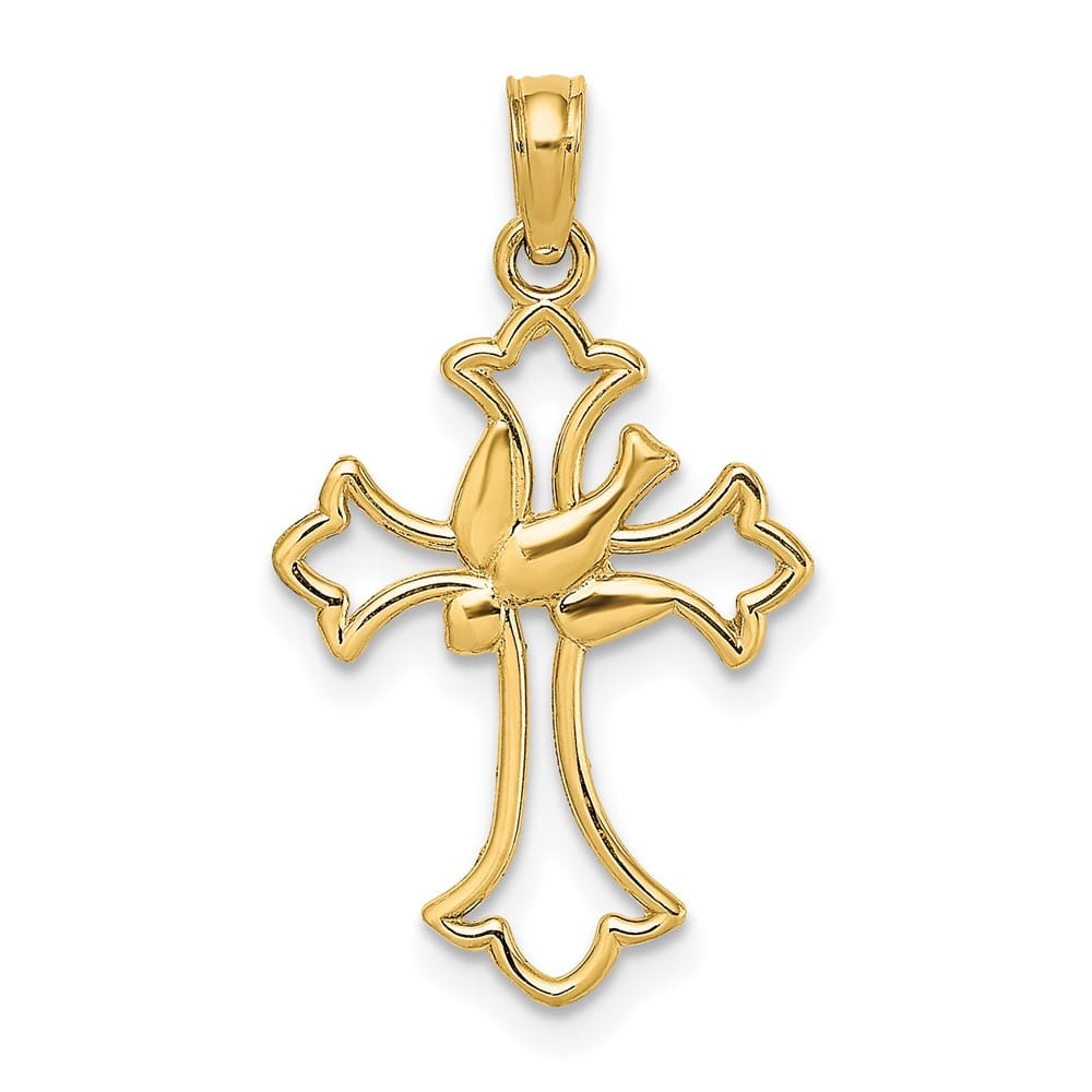 10K Yellow Gold Solid Polished Medium Cut-Out Dove Center Cross Charm