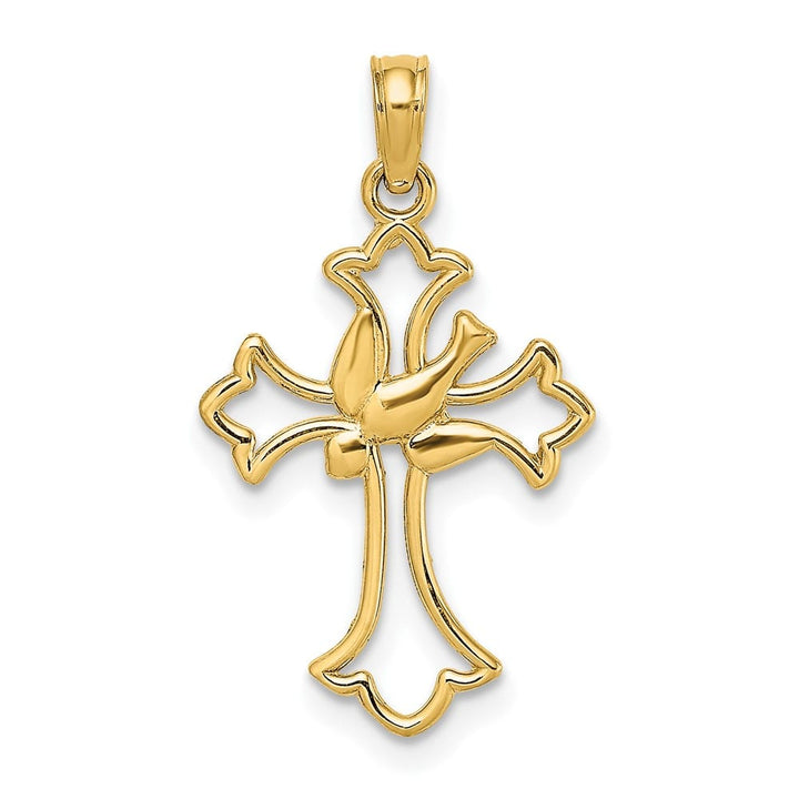 10K Yellow Gold Solid Polished Medium Cut-Out Dove Center Cross Charm