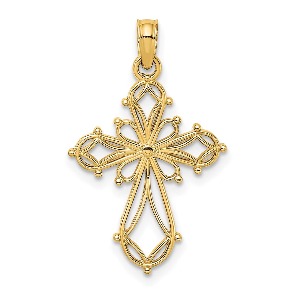 10K Yellow Gold Solid Polished Medium Cut-Out Fancy Cross Charm