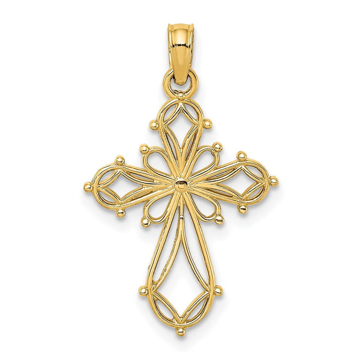 10K Yellow Gold Solid Polished Medium Cut-Out Fancy Cross Charm