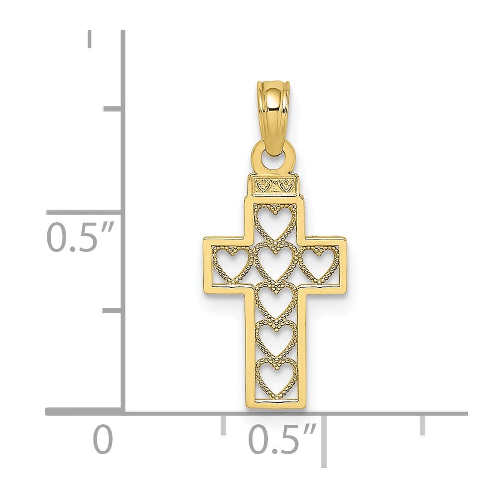 10K Yellow Gold Solid Polished Medium Cut-Out Heart Design Cross Charm