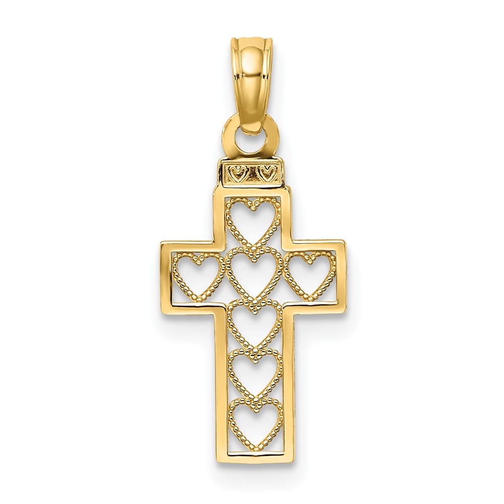 10K Yellow Gold Solid Polished Medium Cut-Out Heart Design Cross Charm