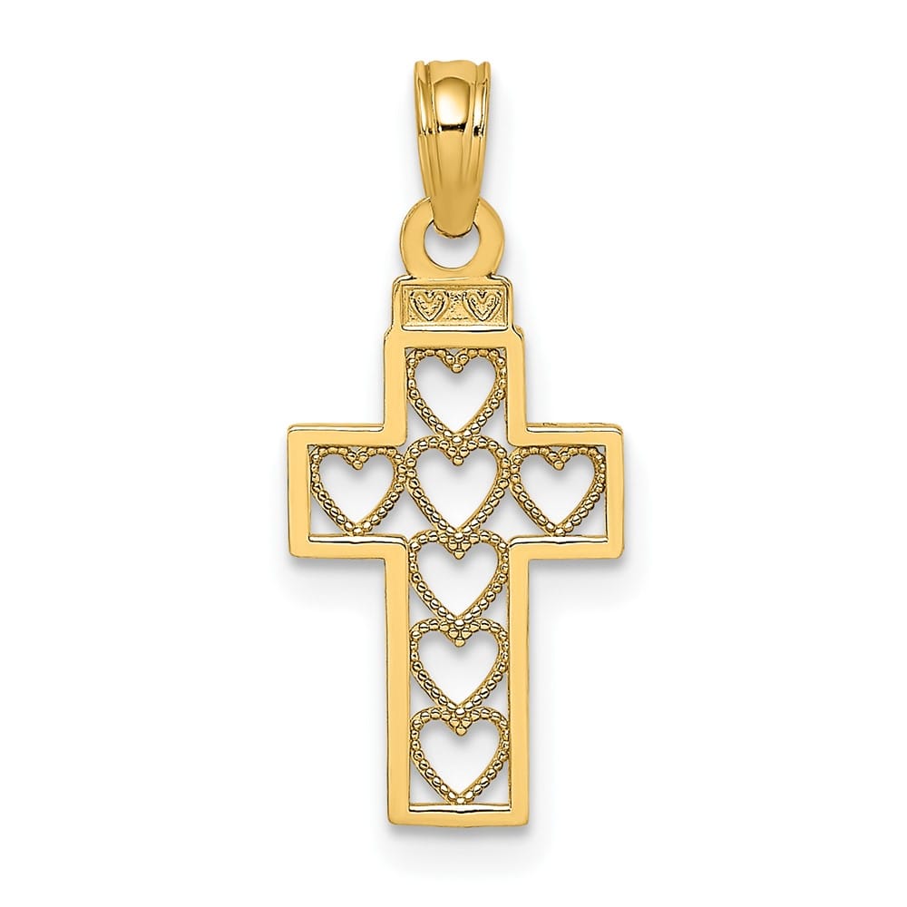 10K Yellow Gold Solid Polished Medium Cut-Out Heart Design Cross Charm