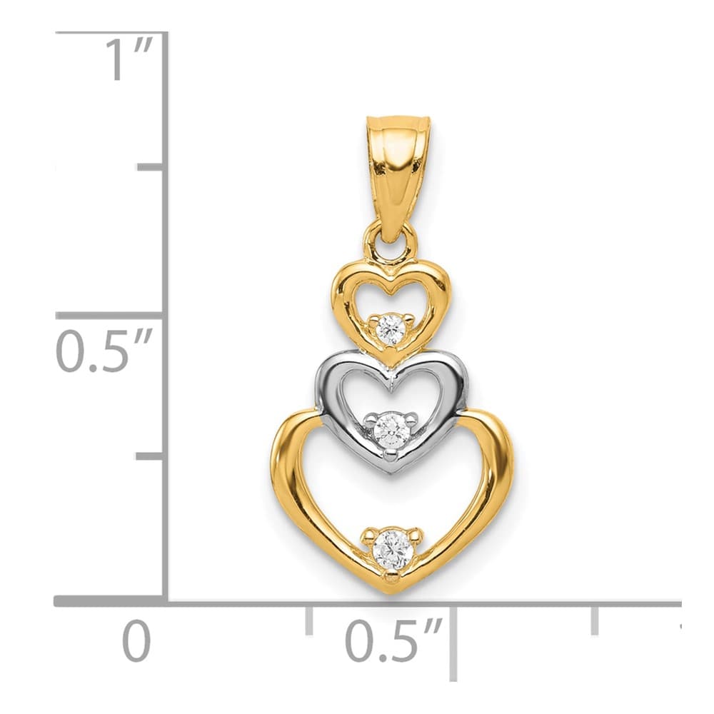 10K Yellow Gold Solid Polished Medium CZ 3-Heart Pendant