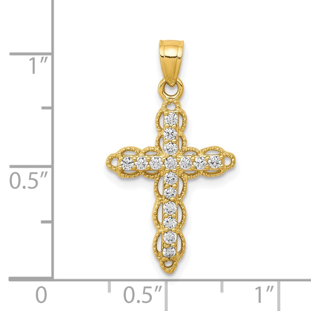 10K Yellow Gold Solid Polished Medium CZ Filigree Latin Cross Pendant