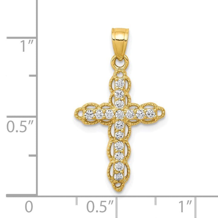 10K Yellow Gold Solid Polished Medium CZ Filigree Latin Cross Pendant