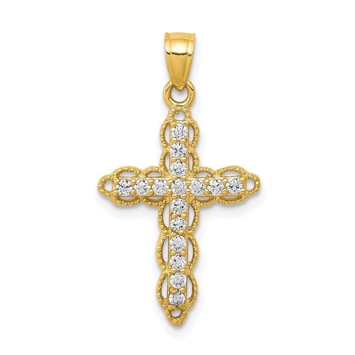 10K Yellow Gold Solid Polished Medium CZ Filigree Latin Cross Pendant