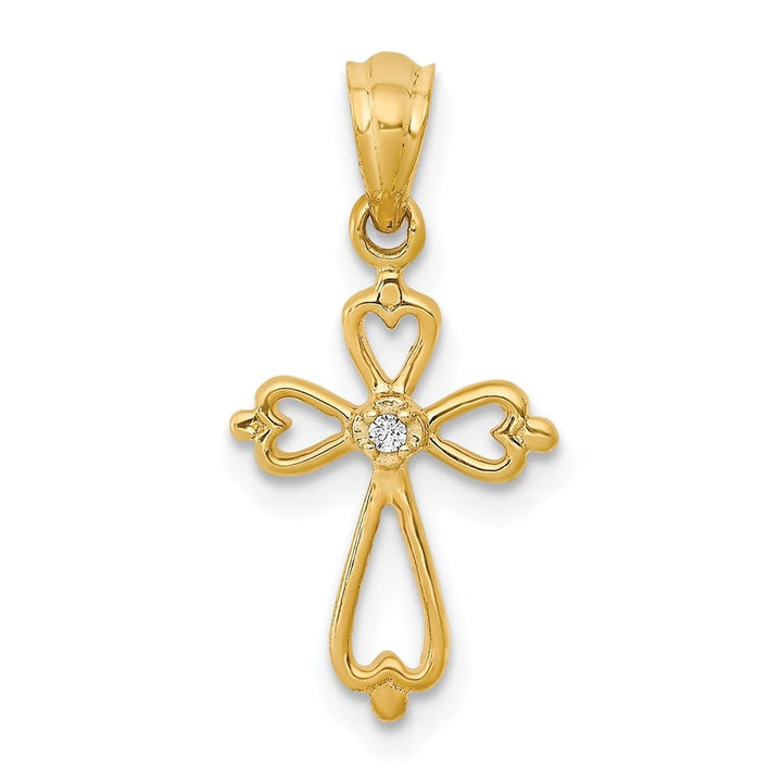 10K Yellow Gold Solid Polished Medium Diamond Accented Cross Pendant