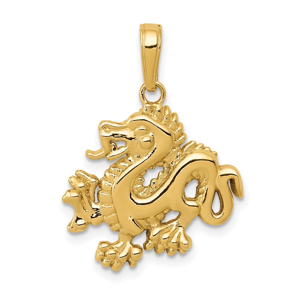 10K Yellow Gold Solid Polished Medium Dragon Pendant