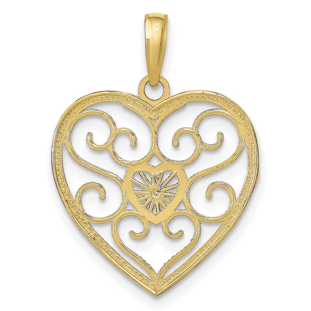 10K Yellow Gold Solid Polished Medium Filigree Beaded Heart Charm