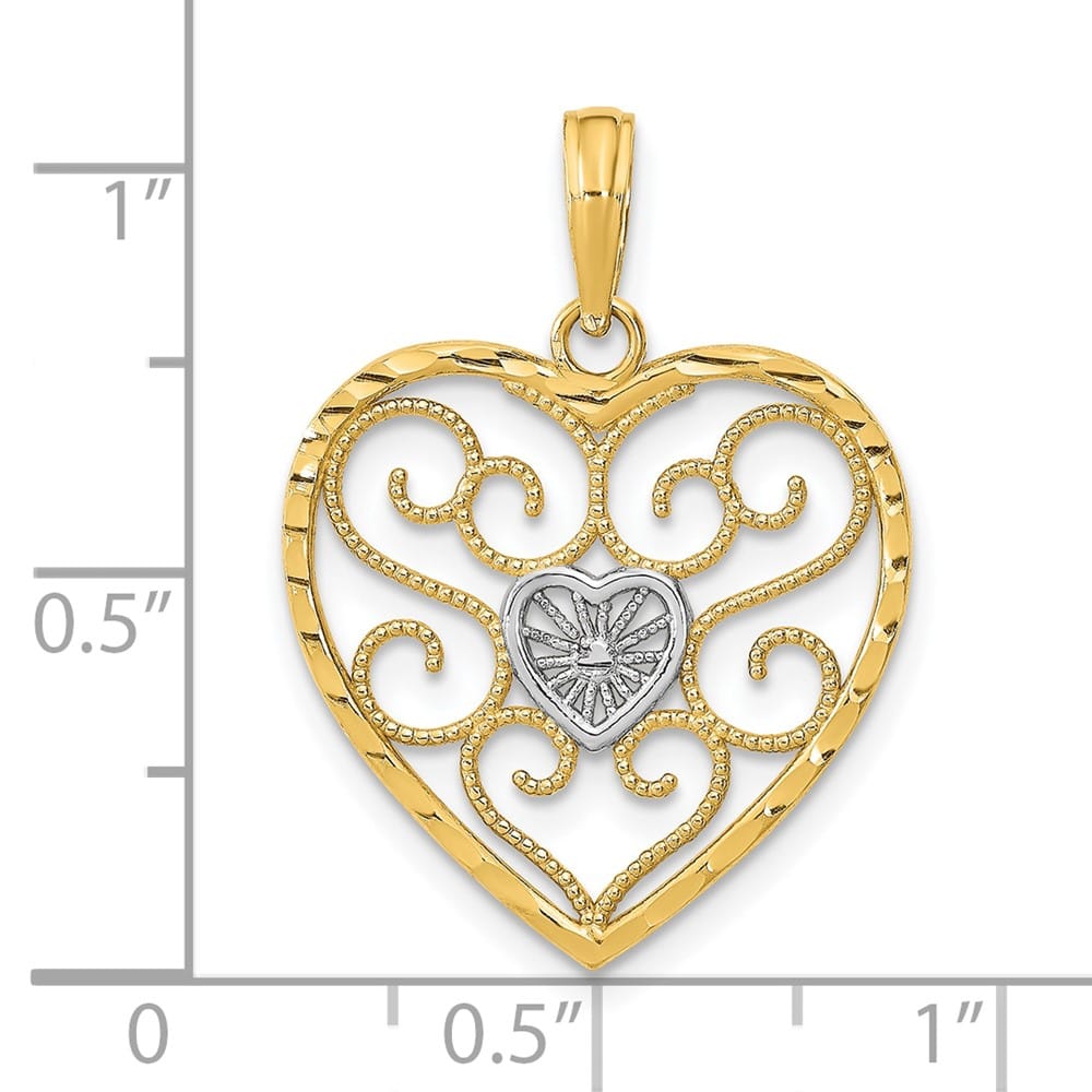 10K Yellow Gold Solid Polished Medium Filigree Beaded Heart Charm