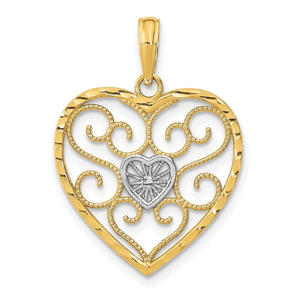 10K Yellow Gold Solid Polished Medium Filigree Beaded Heart Charm