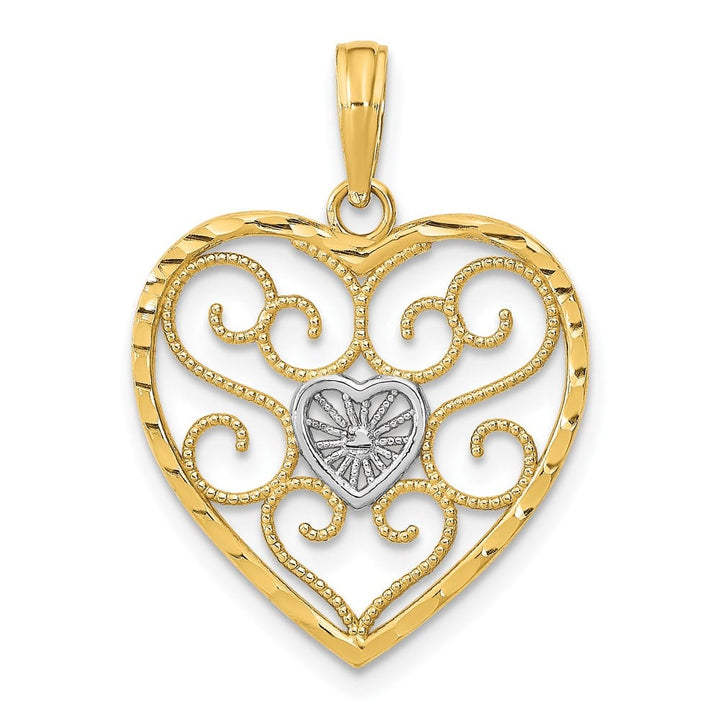 10K Yellow Gold Solid Polished Medium Filigree Beaded Heart Charm