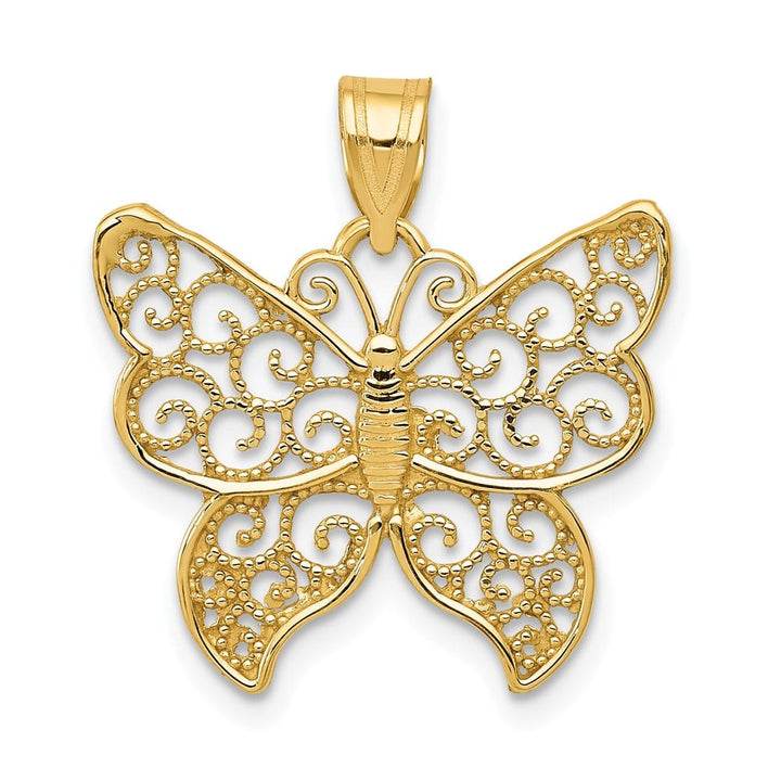10K Yellow Gold Solid Polished Medium Filigree Butterfly Pendant