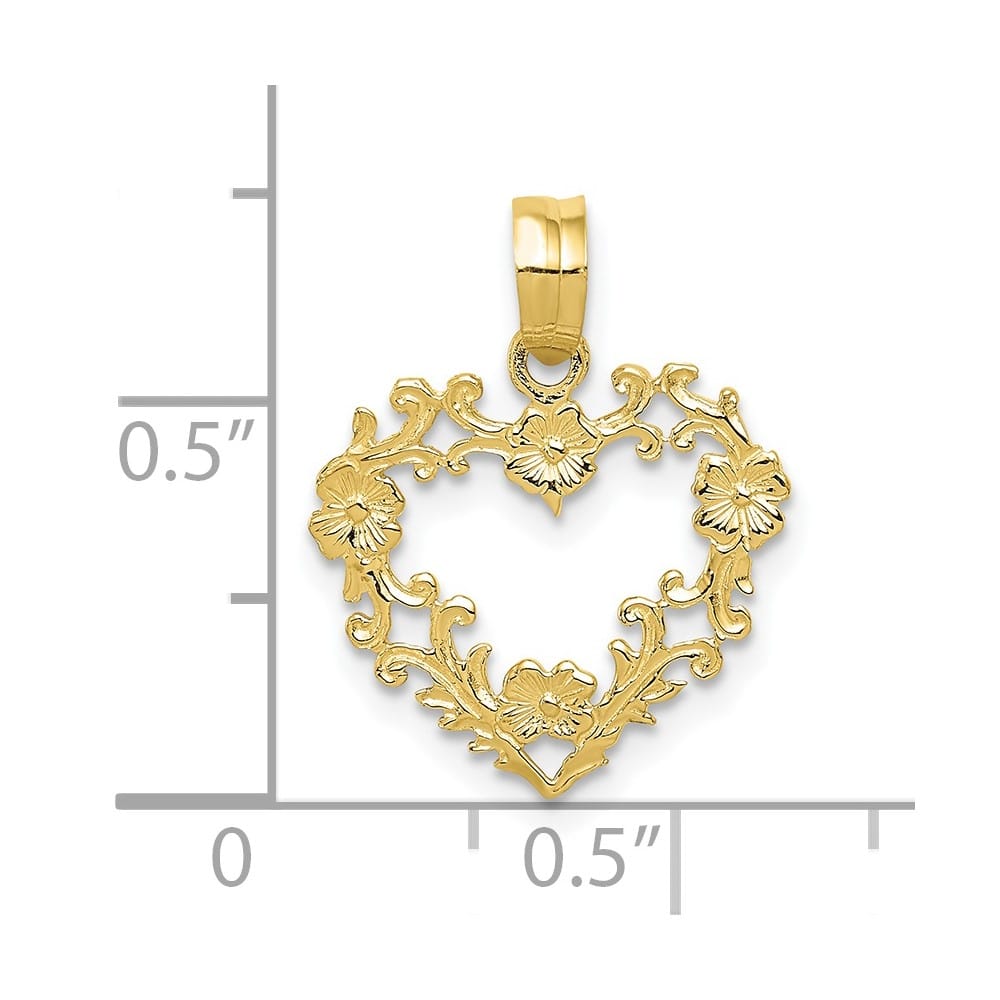 10K Yellow Gold Solid Polished Medium Floral Border Heart Pendant