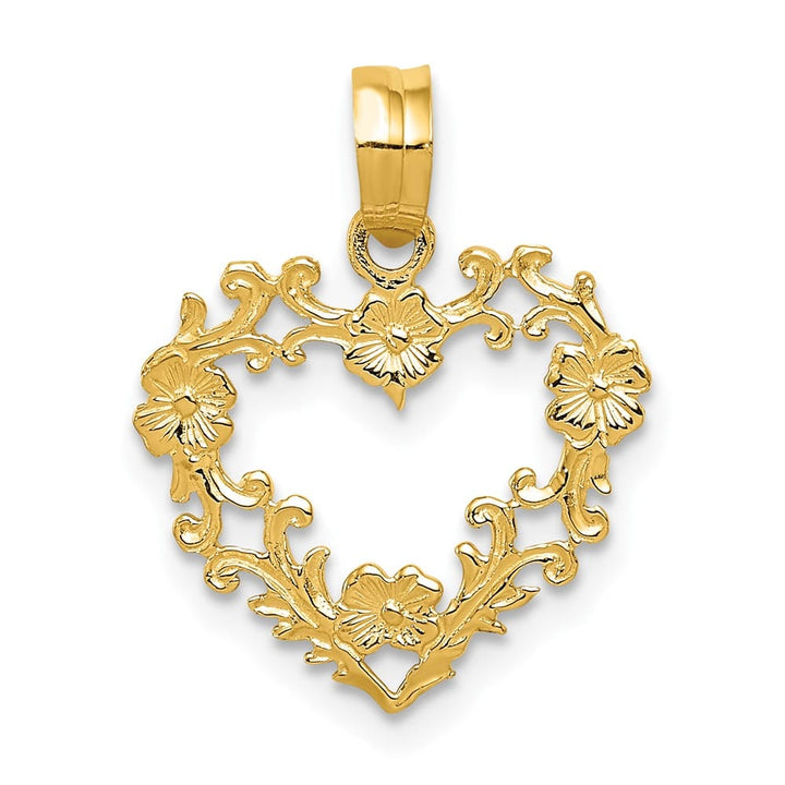 10K Yellow Gold Solid Polished Medium Floral Border Heart Pendant