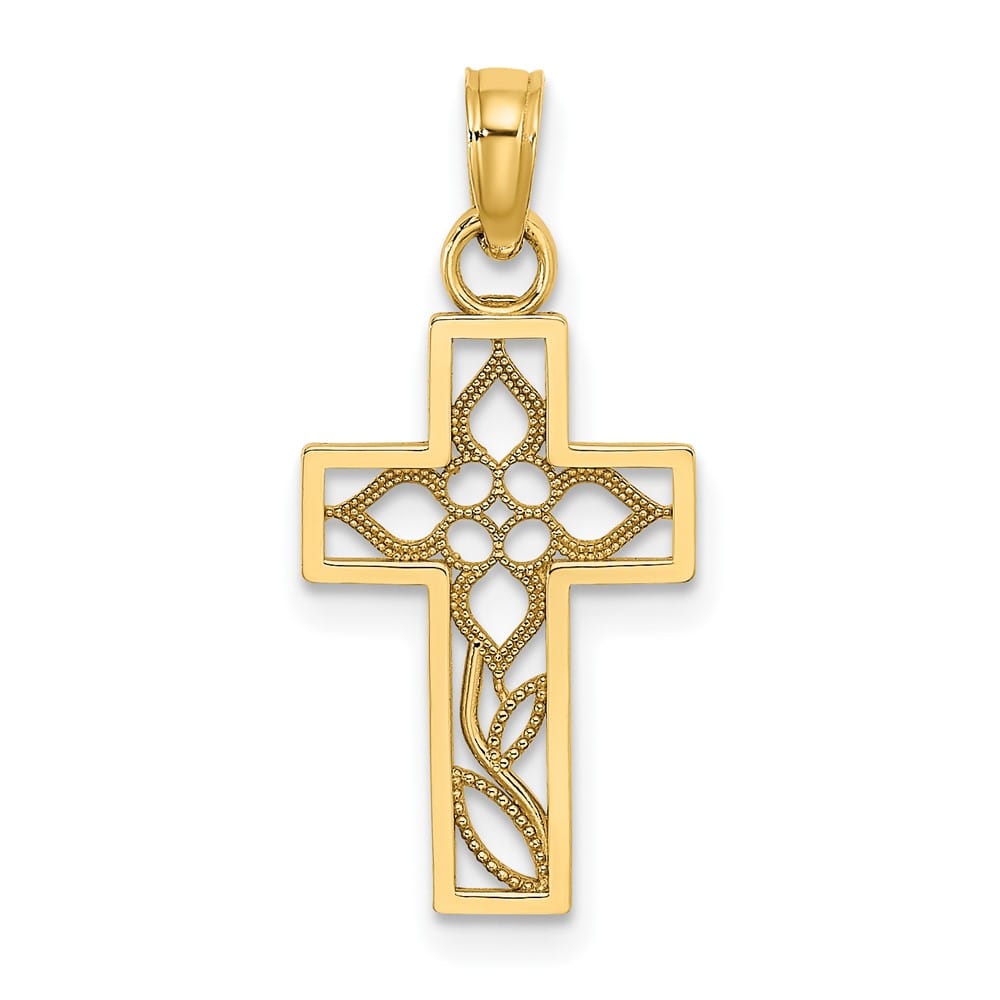 10K Yellow Gold Solid Polished Medium Flower Latin Cross Charm