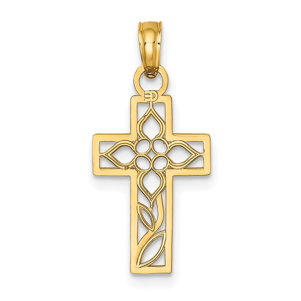 10K Yellow Gold Solid Polished Medium Flower Latin Cross Charm