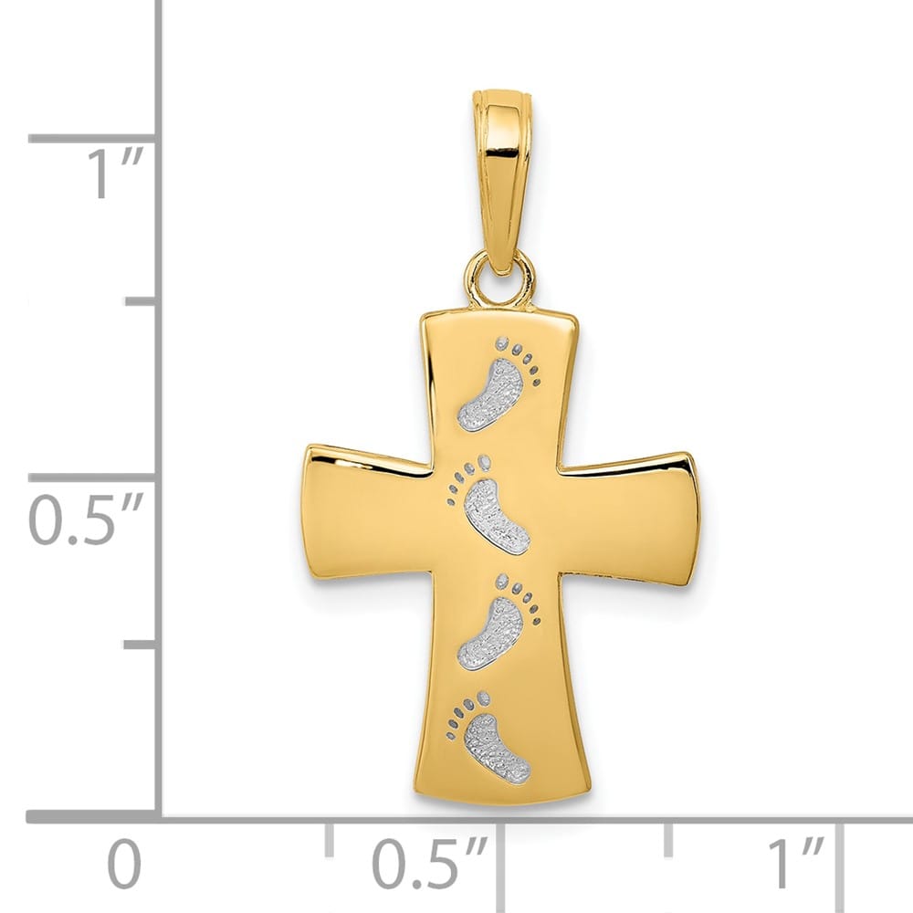 10K Yellow Gold Solid Polished Medium Footprints Cross Pendant