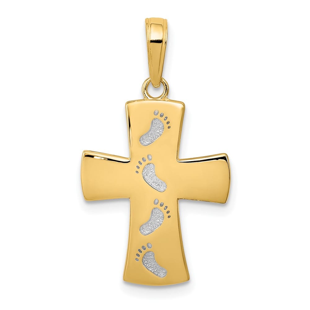 10K Yellow Gold Solid Polished Medium Footprints Cross Pendant