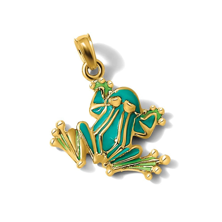 10K Yellow Gold Solid Polished Medium Green Enameled Frog Charm