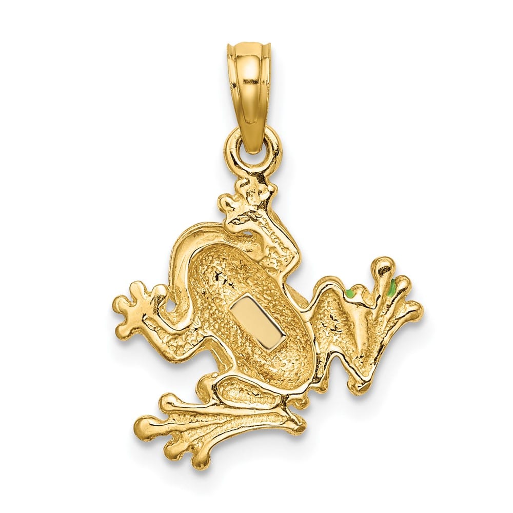 10K Yellow Gold Solid Polished Medium Green Enameled Frog Charm
