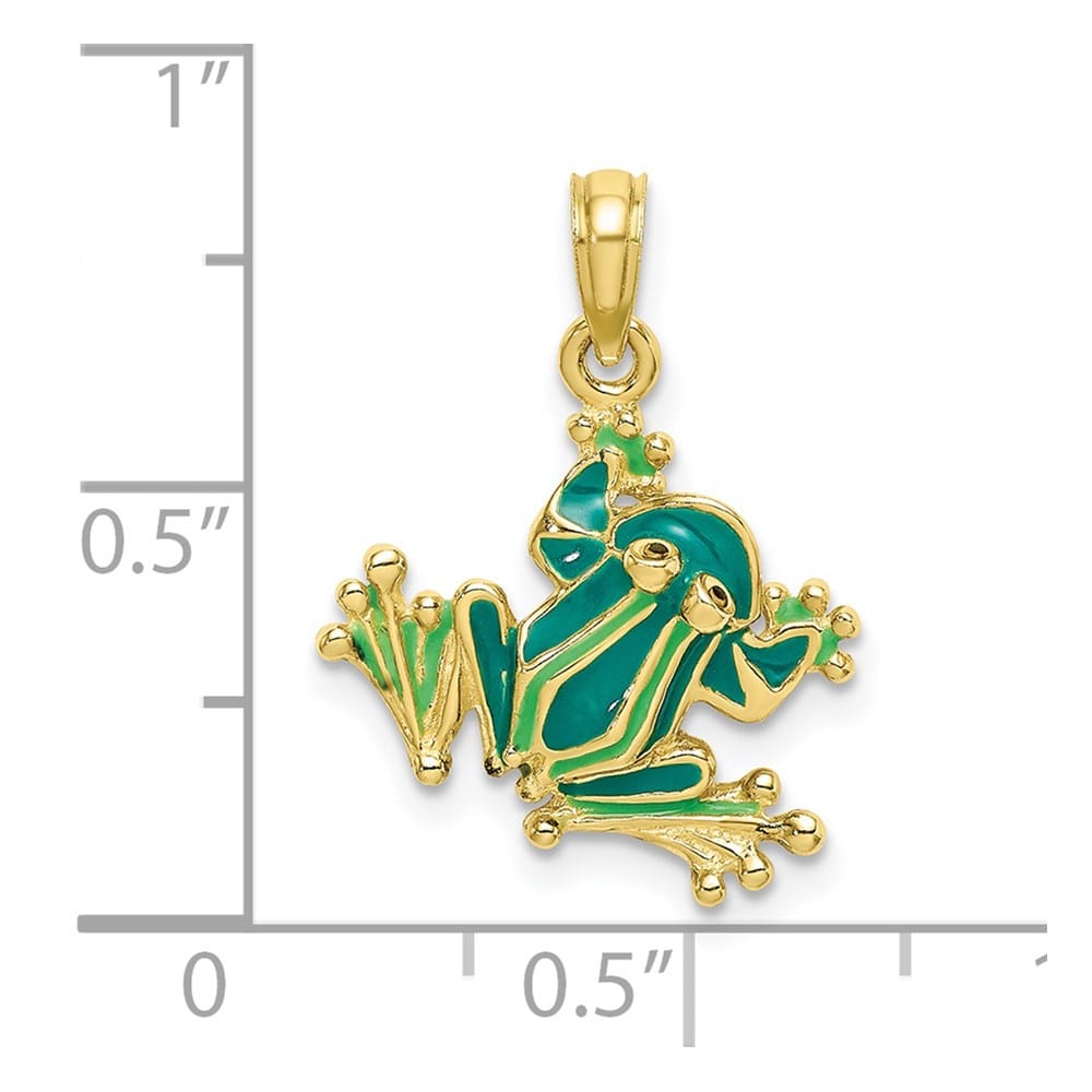 10K Yellow Gold Solid Polished Medium Green Enameled Frog Charm