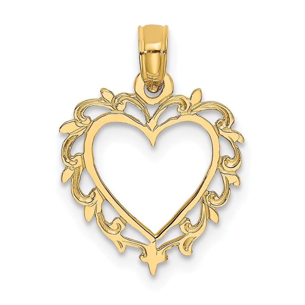 10K Yellow Gold Solid Polished Medium Heart with Lacey Trim Charm