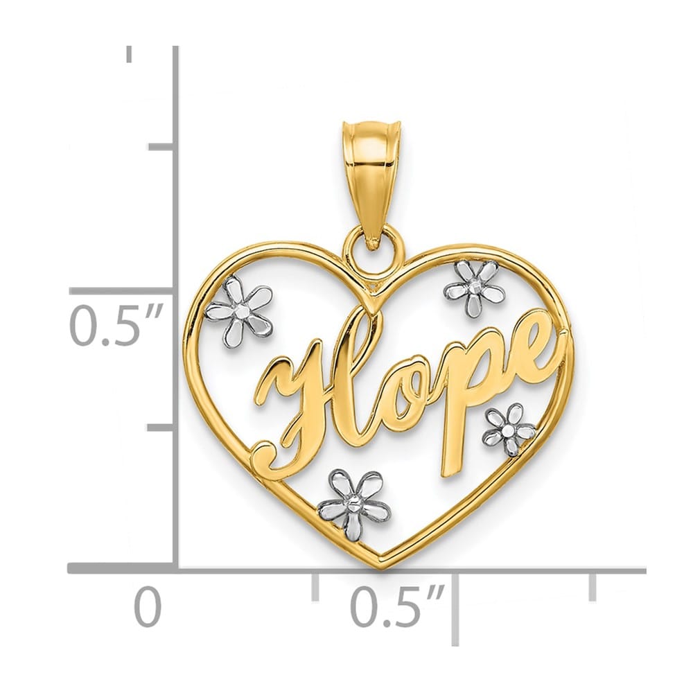 10K Yellow Gold Solid Polished Medium Hope in Heart with Flowers Charm