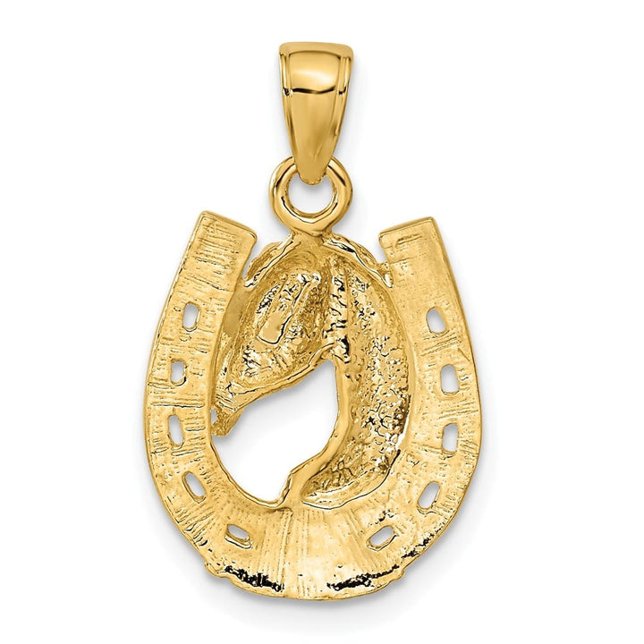 10K Yellow Gold Solid Polished Medium Horse Head in Horseshoe Pendant