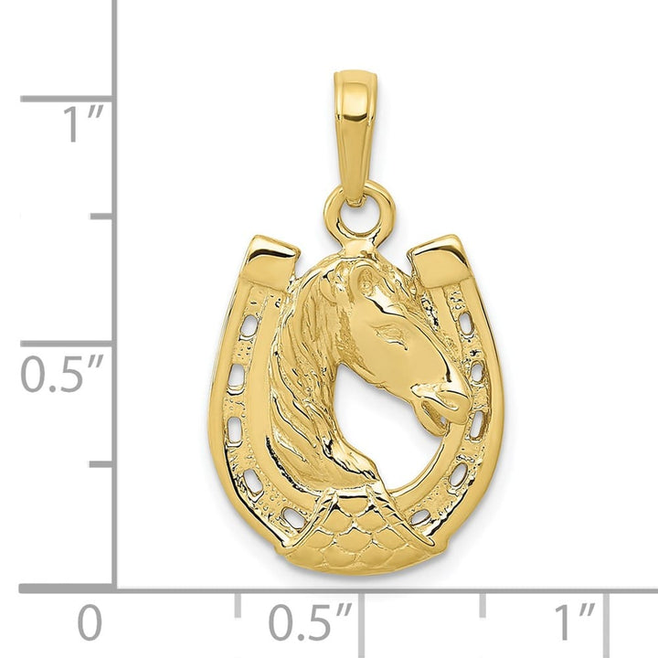 10K Yellow Gold Solid Polished Medium Horse Head in Horseshoe Pendant
