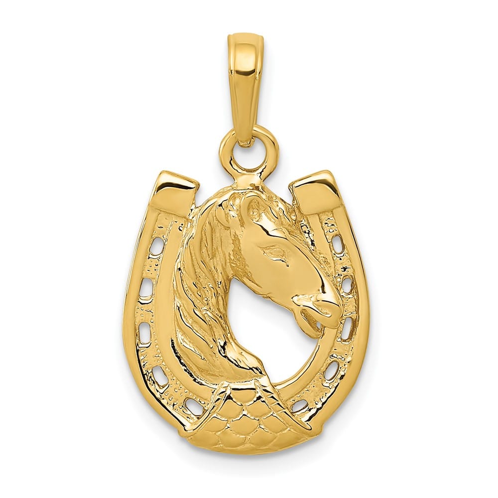 10K Yellow Gold Solid Polished Medium Horse Head in Horseshoe Pendant