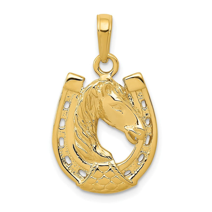 10K Yellow Gold Solid Polished Medium Horse Head in Horseshoe Pendant