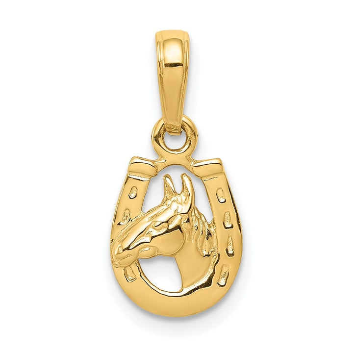 10K Yellow Gold Solid Polished Medium Horse Head in Horseshoe Pendant