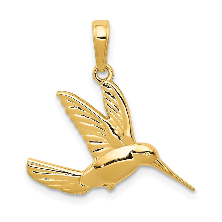 10K Yellow Gold Solid Polished Medium Hummingbird in Flight Pendant
