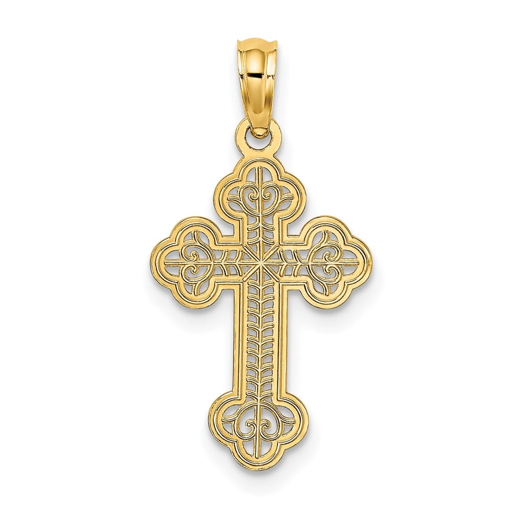 10K Yellow Gold Solid Polished Medium Lace Center Budded Cross Charm