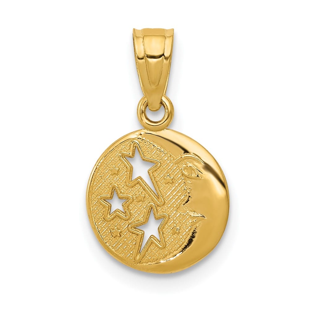 10K Yellow Gold Solid Polished Medium Moon and Stars Pendant