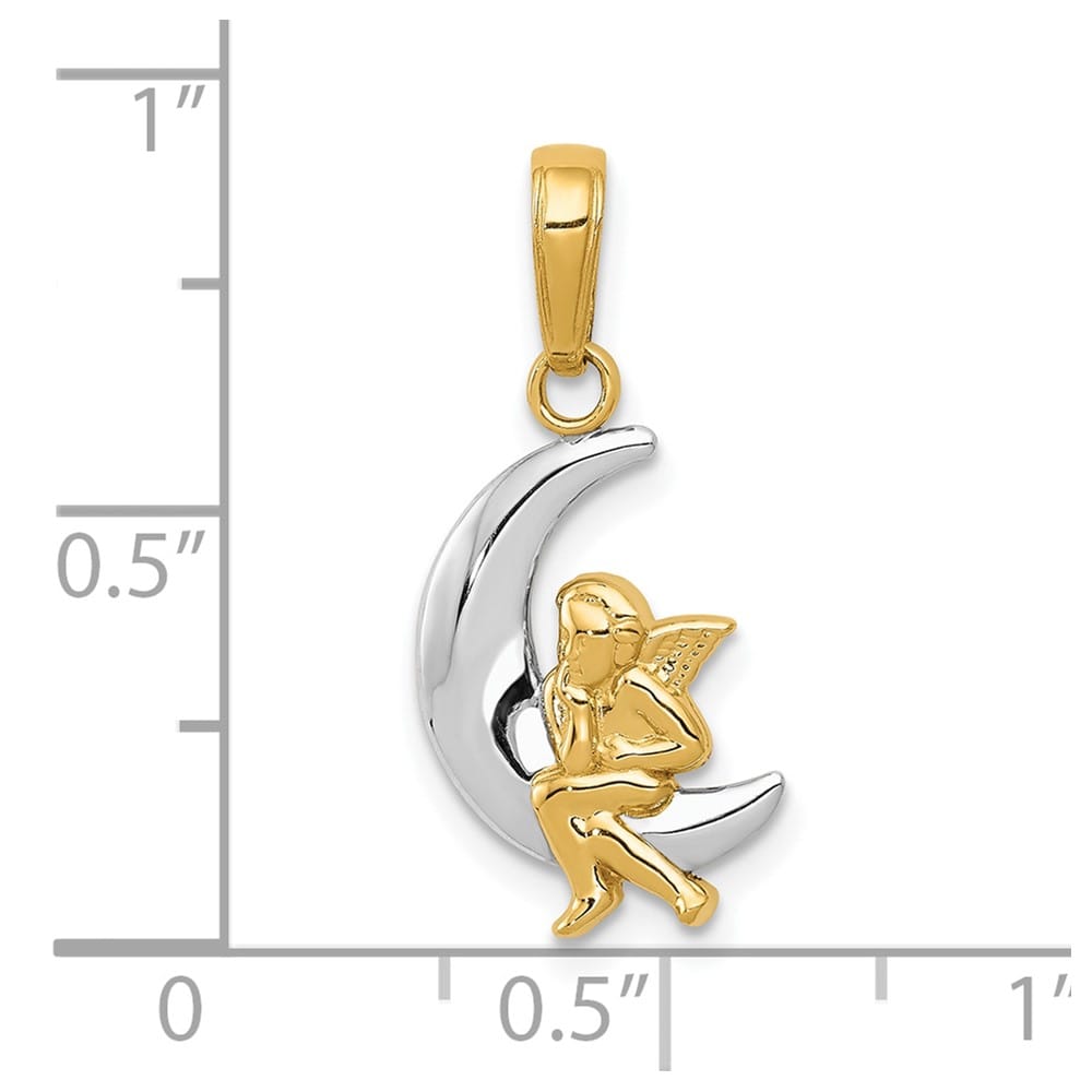 10K Yellow Gold Solid Polished Medium Moon with Angel Pendant